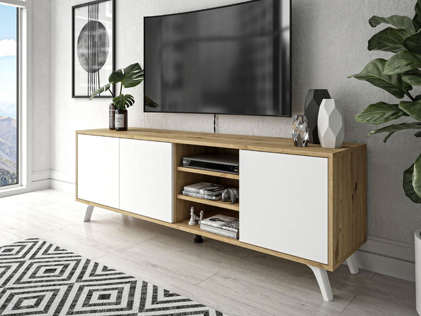 TV-Lowboard mit Türen und weißen Beinen Vivance Weiß & Eiche Artisan