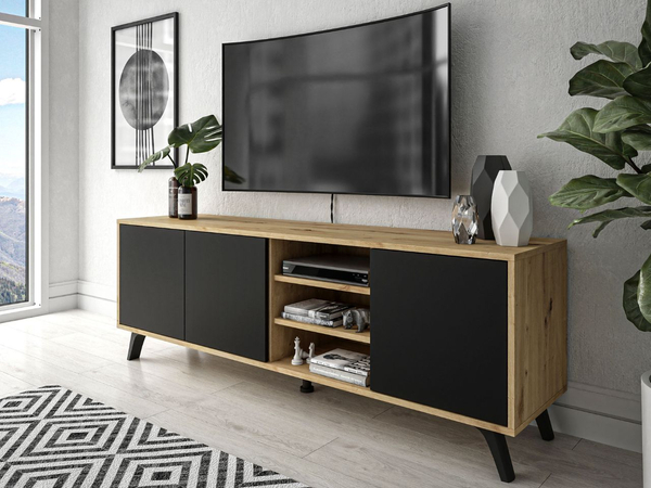 TV-Lowboard mit Türen und schwarzen Beinen Vivance Schwarz und Eiche Artisan