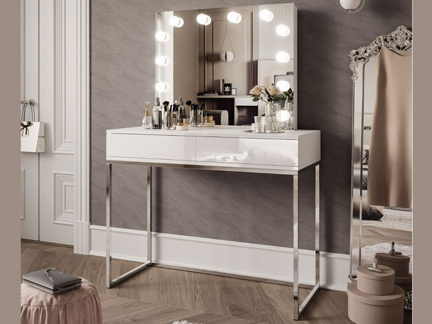 Schminktisch  Glamour mit Schubladen, Spiegel und LED-Beleuchtung Brisa Weiß Hochglanz