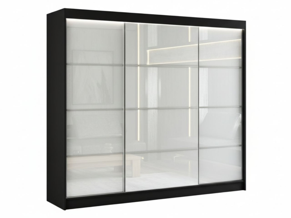 Schiebetürenschrank mit Sprossen 250 cm mit LED-Beleuchtung Ponti Schwarz, Weiß