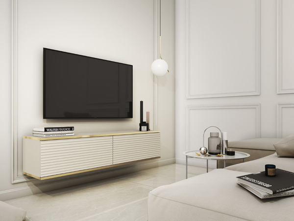TV-Lowboard Hänge mit Türen 135 cm Diolo Beige mit geriffelter Vorderseite