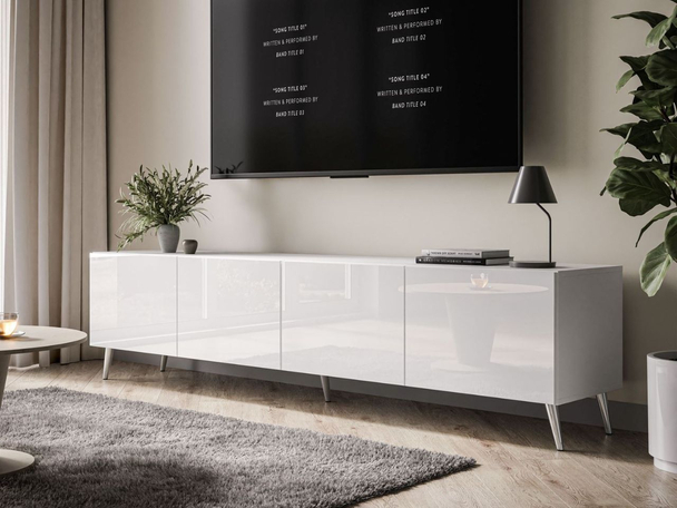 TV-Lowboard mit Türen auf Silbernen Metallbeinen 200 cm Nodoo Weiß Hochglanz