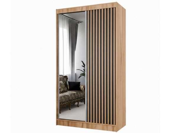 Schiebetürenschrank mit Spiegel und Lamellen 120 cm Loreto Handwerk Goldene Eiche, Schwarz