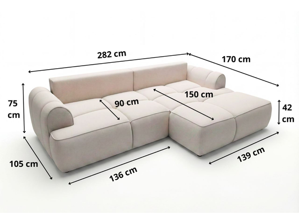 Ecksofa L-Form Rechts mit Schlaffunktion und Bettkasten Bonno Creme