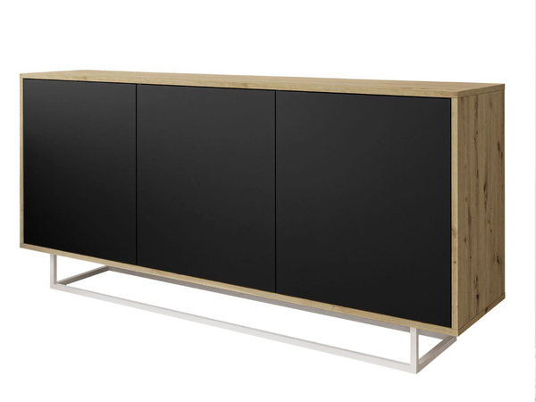 Dreitürige Kommode 154 cm im Loft-Stil auf weißem Gestell – Vivance, Schwarz matt & Eiche Artisan