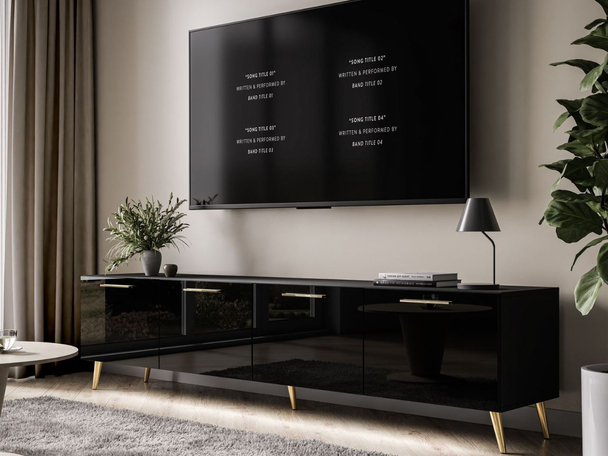TV-Lowboard mit Türen und LED-Beleuchtung auf Goldenen Metallbeinen 200 cm Noaé Schwarz Hochglanz