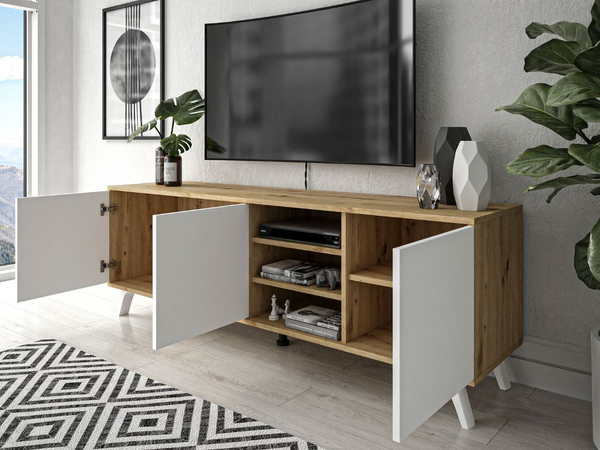 TV-Lowboard mit Türen und weißen Beinen Vivance Weiß & Eiche Artisan