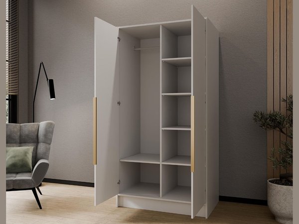 Kleiderschrank mit Spiegel 100 cm Lucca Weiß mit goldenen Griffen