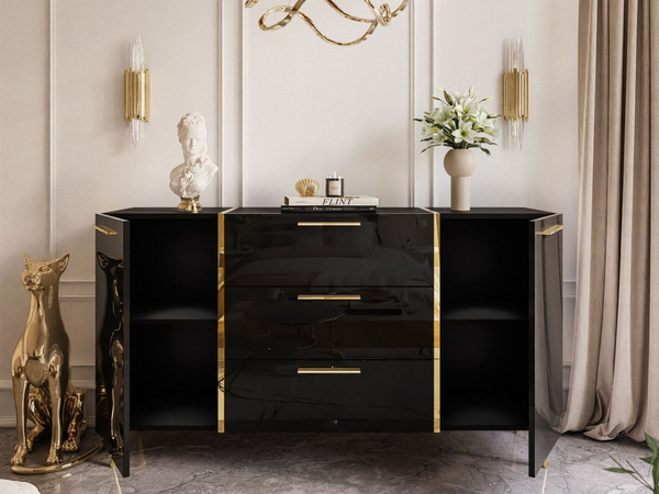 Wohnzimmer-Set im Glamour-Stil auf Beinen Lunelie Schwarz Hochglanz