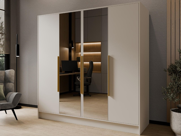Kleiderschrank mit Spiegel 200 cm Lucca Kaschmir mit goldenen Griffen
