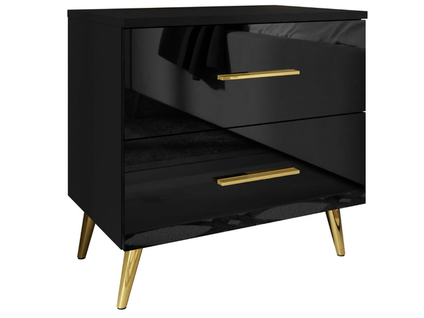 Nachttisch mit Schubladen auf Goldenen Metallbeinen Nuveo Schwarz Hochglanz