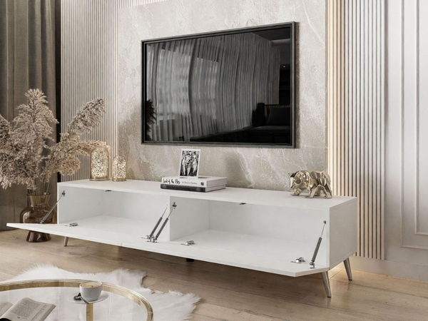 TV-Lowboard mit Türen auf Silbernen Metallbeinen 175 cm mit LED-Beleuchtung Sorelle Weiß Hochglanz