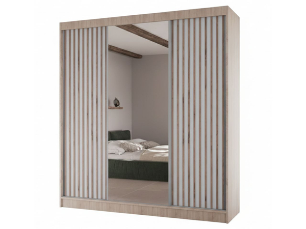 Schiebetürenschrank mit Lamellen und Spiegel 200 cm Lucena Eiche Sonoma, Weiß