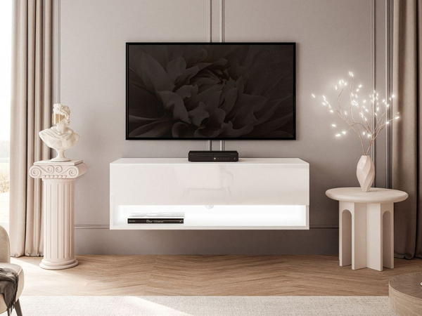 Hänge TV-Schrank 90 cm für Wohnzimmer mit LED-Beleuchtung Aurelie Weiß Hochglanz