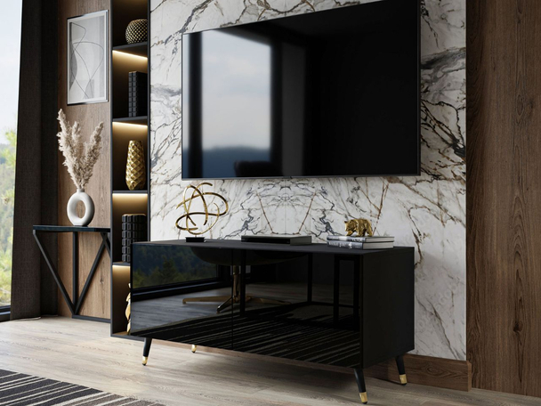 TV-Lowboard mit Türen auf Schwarz-Goldenen Metallbeinen 100 cm Noaé Schwarz Hochglanz
