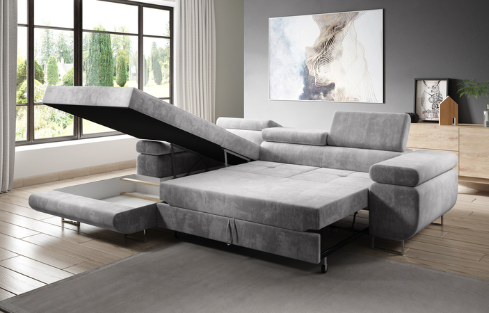 Ecksofa L-Form Rechts mit Schlaffunktion und Bettkasten Solam Hellgrau