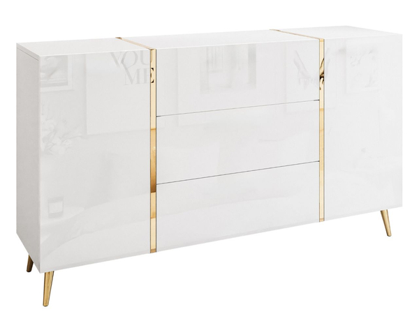 Zweitürige Kommode 158 cm auf goldenen Beinen mit drei Schubladen Lunelie Weißglanz