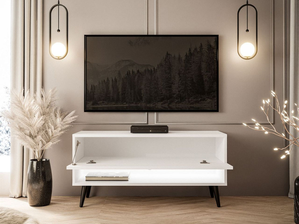 TV-Schrank 90 cm mit LED-Beleuchtung und schwarzen Beinen Aurelie Weiß Hochglanz