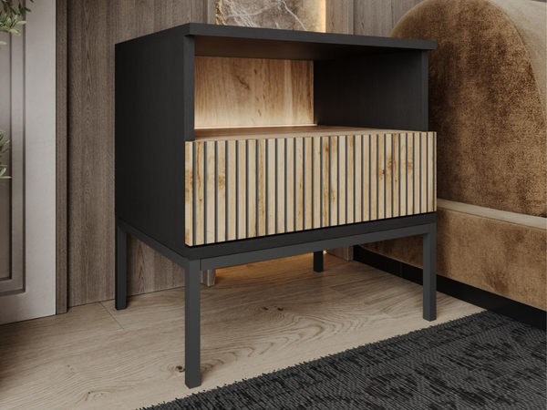Nachtschrank mit Schublade und Led Deo Schwarz, Eiche Wotan