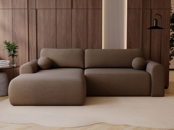 Ecksofa L-Form mit Schlaffunktion und Bettkasten Savana Links Bouclé-Stoff Braun