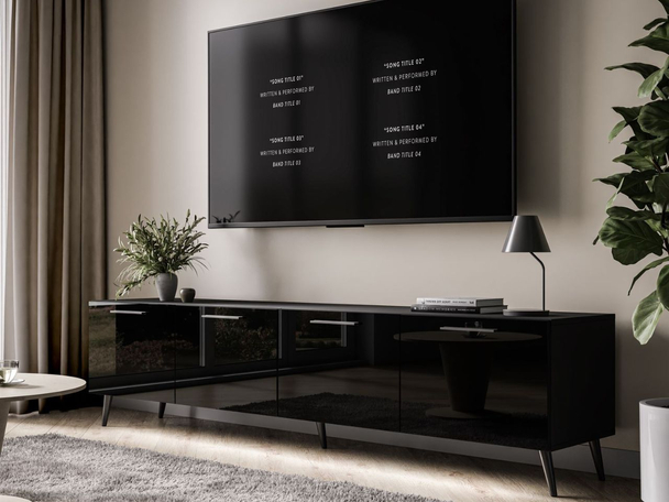 TV-Lowboard mit Türen und LED-Beleuchtung auf Schwarzen Metallbeinen 200 cm Noaé Schwarz Hochglanz