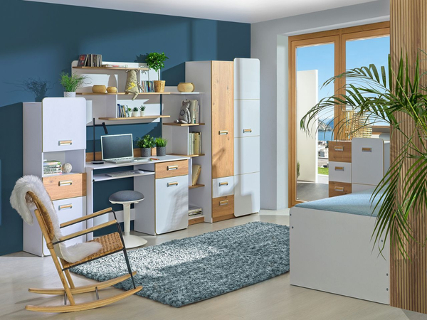 Jugendkleiderschrank mit Schubladen, 80 cm Öffnung Lindo Weiß, Nash Eiche