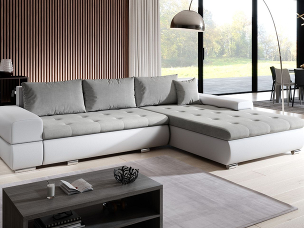 Ecksofa L-Form mit Schlaffunktion und Bettkasten Sonia Grau, Weiß