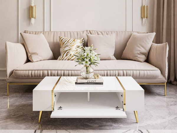 Wohnzimmer-Set mit goldenen Metallbeinen und goldenen Griffen Lunelie Weiß Hochglanz
