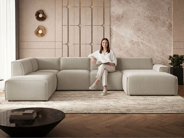 Wohnlandschaft Links Belluno Bouclé-Stoff Beige