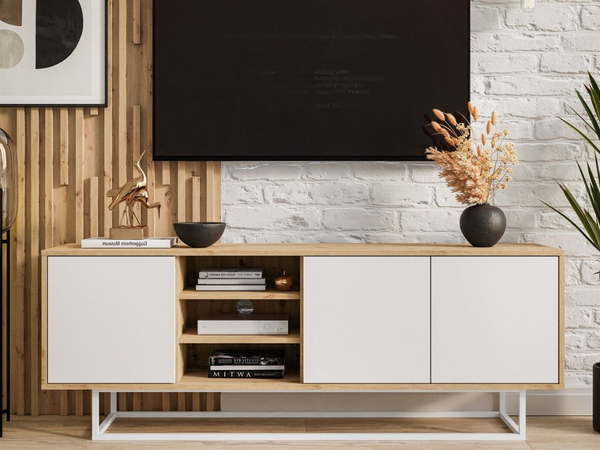 TV-Lowboard mit Türen auf weißem Gestell Vivance Weiß und Artisan Eiche