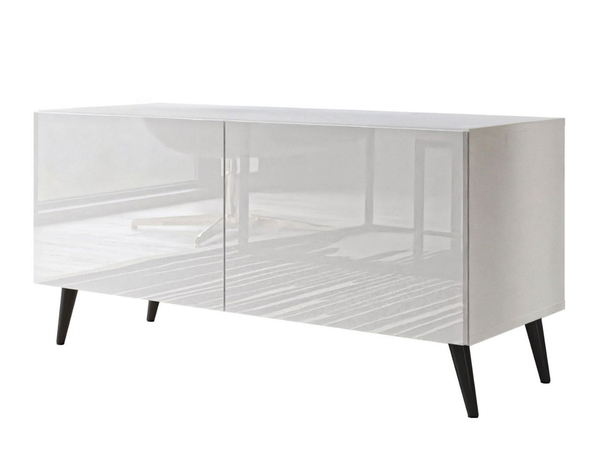 TV-Lowboard mit Türen und LED-Beleuchtung auf Schwarzen Metallbeinen 100 cm Noaé Weiß Hochglanz