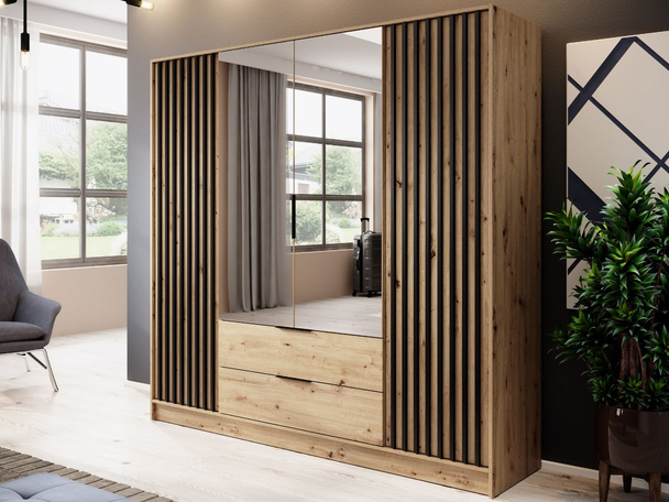 Kleiderschrank mit Spiegel 206 cm Macron Artisan Eiche, Schwarz