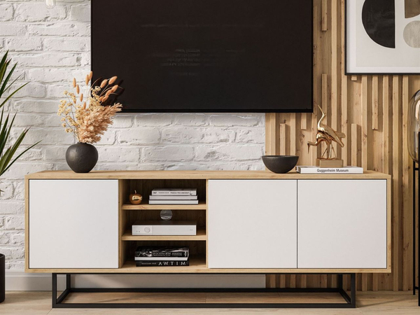 TV-Lowboard schwarzes Gestell Vivance Weiß und Eiche Artisan
