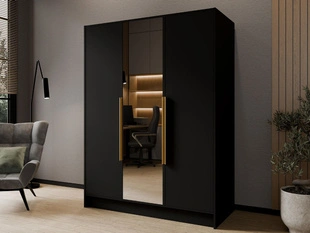 Kleiderschrank mit Spiegel 150 cm Lucca Schwarz mit goldenen Griffen