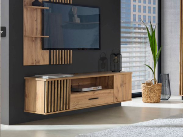 Fernsehschrank mit Schublade und Lamellen Lavore Wotan Eiche, Schwarz matt