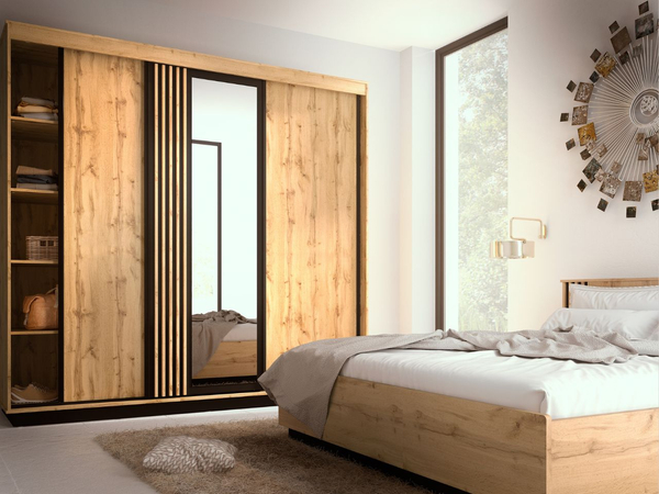 Schiebetürenschrank 240 cm mit Spiegel, mit Lamellen für das Schlafzimmer Lavore Wotan Eiche, Schwarz matt