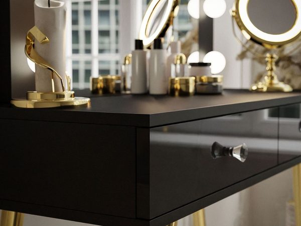 Schminktisch glamour mit Schubladen, Spiegel und LED-Beleuchtung Olivine Schwarz Hochglanz