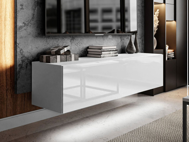 TV-Lowboard mit Türen und LED-Beleuchtung 150 cm Nodoo Weiß Hochglanz