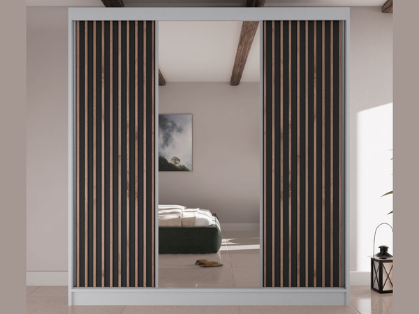 Schiebetürenschrank mit Lamellen und Spiegel 200 cm Lucena Weiß, Schwarz