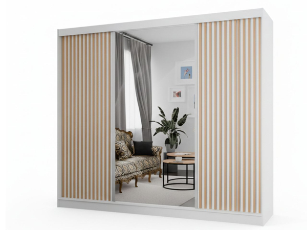 Schiebetürenschrank mit Spiegel und Lamellen 250 cm Loreto Weiß