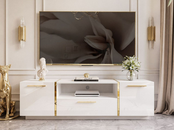 Wohnzimmer-Set mit goldenen Griffen im Glamour-Stil Lunelie Weiß Hochglanz
