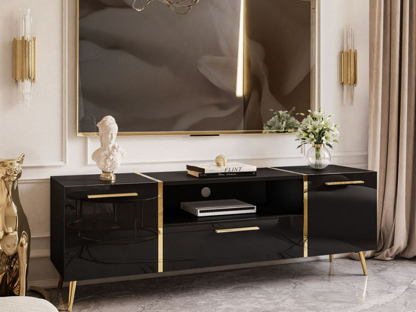 Wohnzimmer-Set im Glamour-Stil auf Beinen Lunelie Schwarz Hochglanz