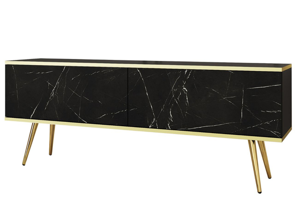 TV-Lowboard mit Türen 135 cm Diolo Schwarzer Marmor mit glatter Front auf goldenen Beinen