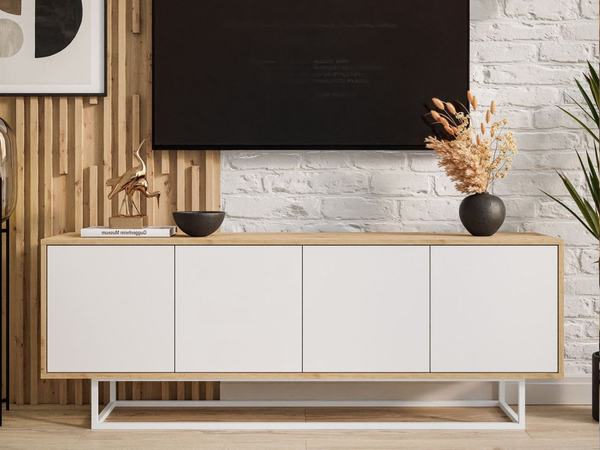 TV-Lowboard mit Türen auf weißem Gestell Vivance Weiß und Artisan Eiche