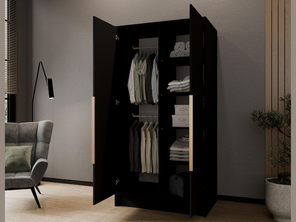 Kleiderschrank mit Spiegel 100 cm Lucca Schwarz mit goldenen Griffen