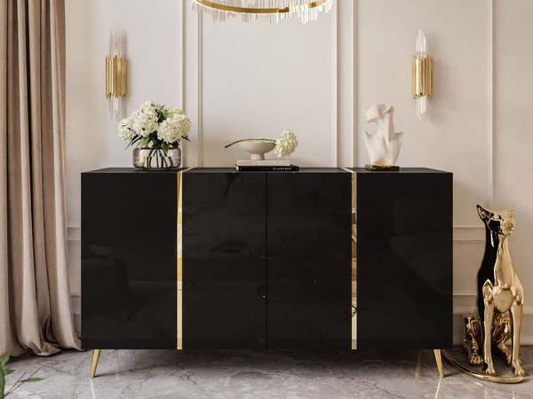 Viertürige Kommode 158 cm Glamour-Stil auf goldfarbenen Metallbeinen Lunelie Schwarzglanz