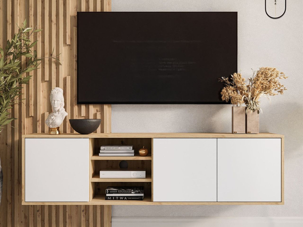 Hängendes TV-Lowboard mit Türen Vivance Weiß und Eiche Artisan