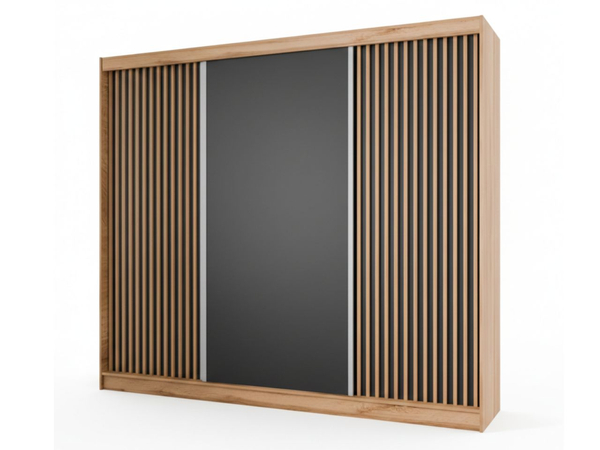Schiebetürenschrank mit Lamellen 250 cm Loreto Handwerk Goldene Eiche, Schwarz