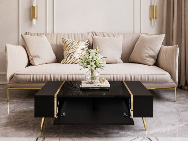 Couchtisch auf goldenen Beinen im Glamour-Stil Lunelie Schwarz Hochglanz