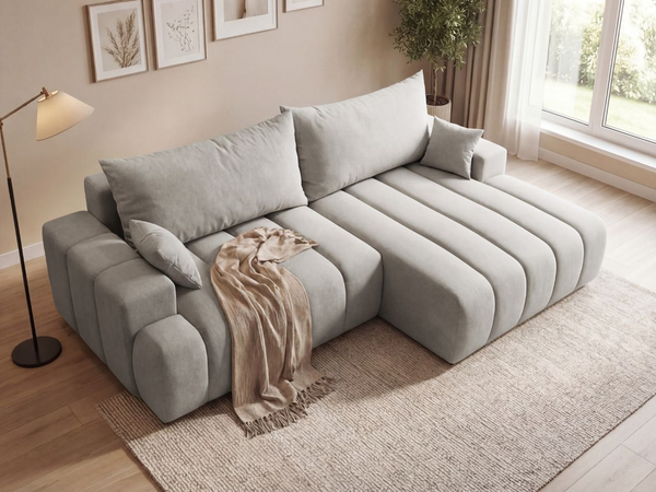 Ecksofa L-Form Rechts mit Schlaffunktion und Bettkasten Caleo Hellgrau